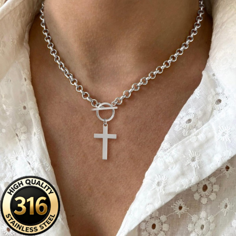 Unisex Stainless Steel Chunky Cross Pendant Necklace